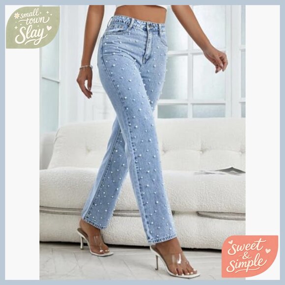 High Waisted Wide Leg Jeans Pearls Beaded Casual Denim Pants Regular Fit - Picture 5 of 7